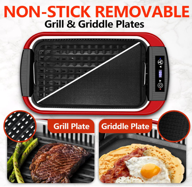 Parrilla eléctrica 1500W sin humo con tapa vidrio y placas antiadherentes