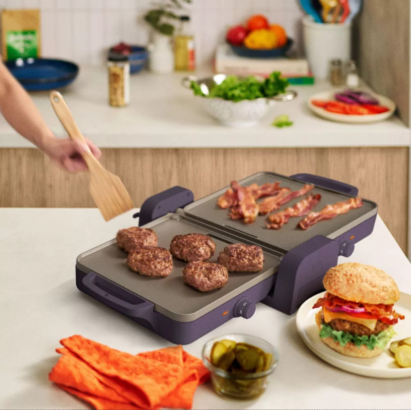 bella Dual Temp Foldable Griddle Plum Electric Countertop Breakfast Grill