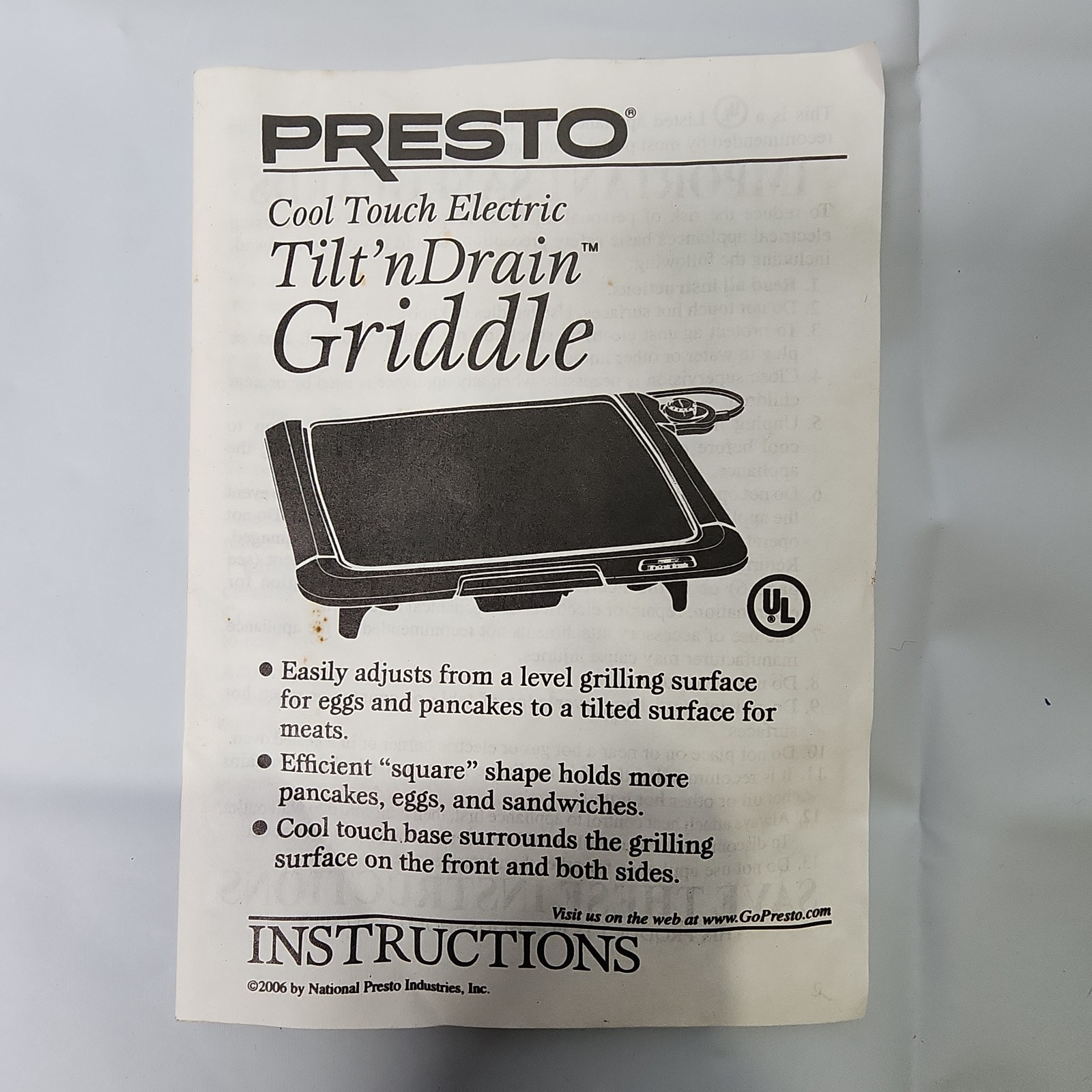 Presto Drip Tray Warmer Manual for Cool-Touch Electric Griddle Replacement Parts