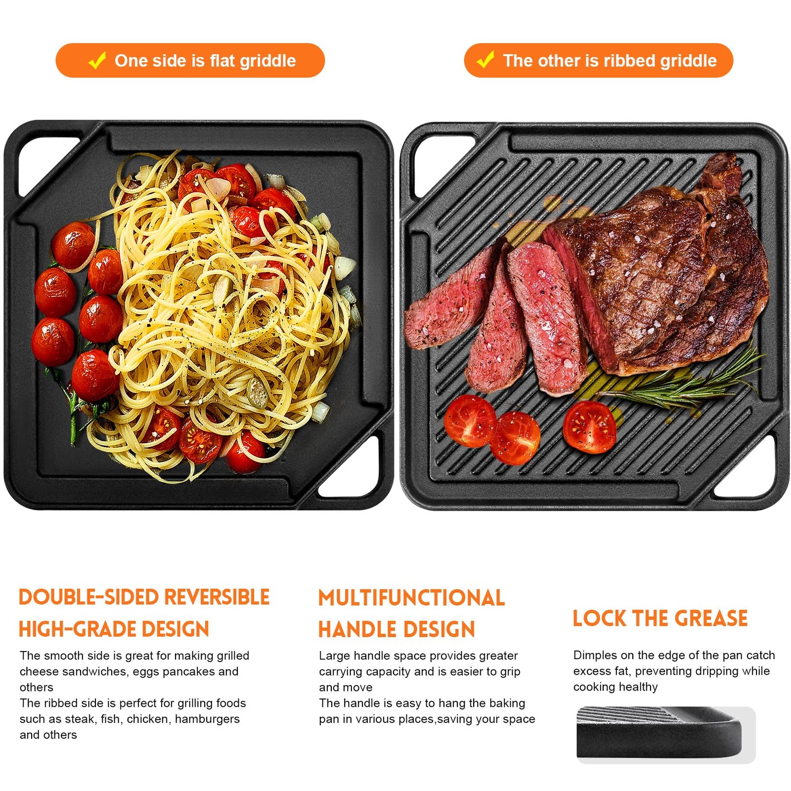 GGC Cast Iron Reversible Griddle, 2-In-1 Griddle Pan Gas Grills And Stove Tops