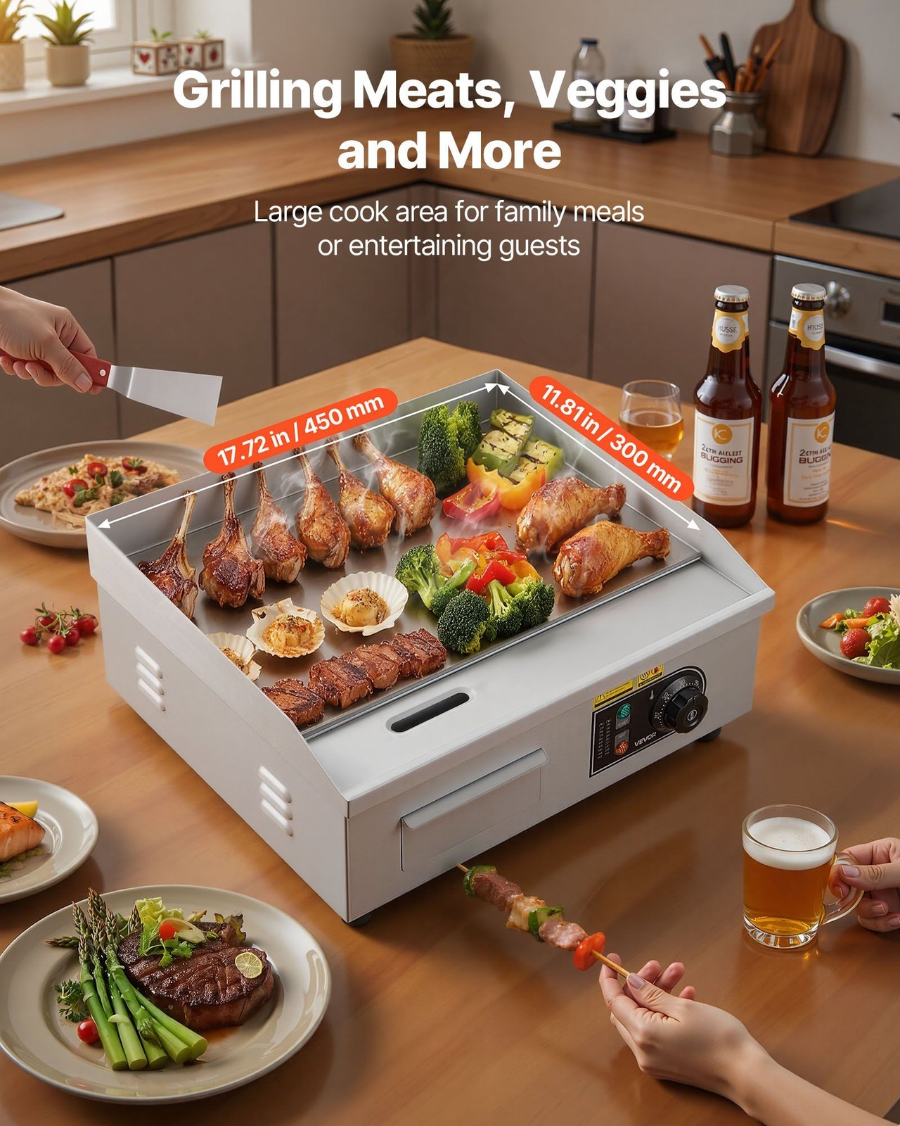Commercial Griddle 1750W, 122–570°F, 450x300mm SS Surface, Drip Tray Included