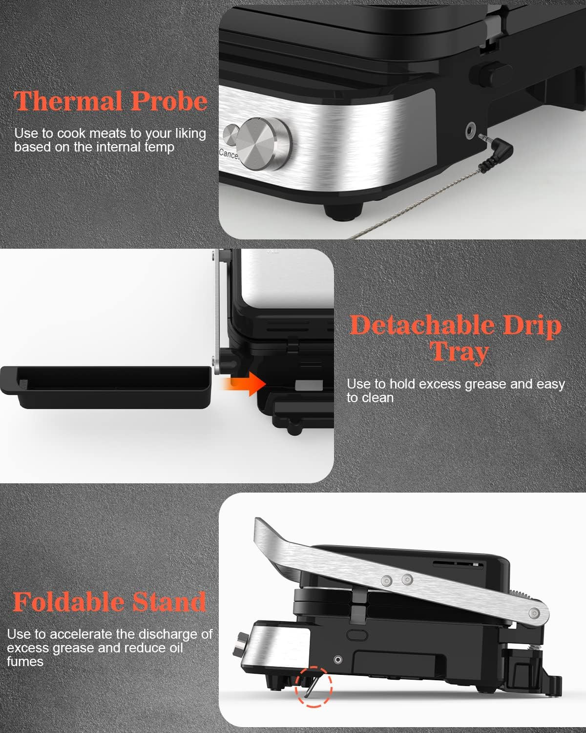 6-in-1 Panini Press & Grill with Removable Plates & Meat Thermometer, 1600W