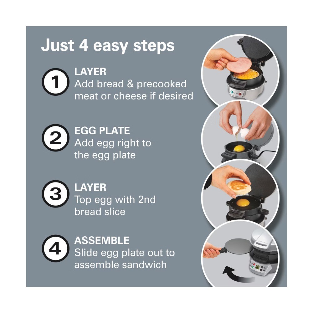 Breakfast Sandwich Maker with Timer – Dark Gray – 25478: Nonstick, 600W