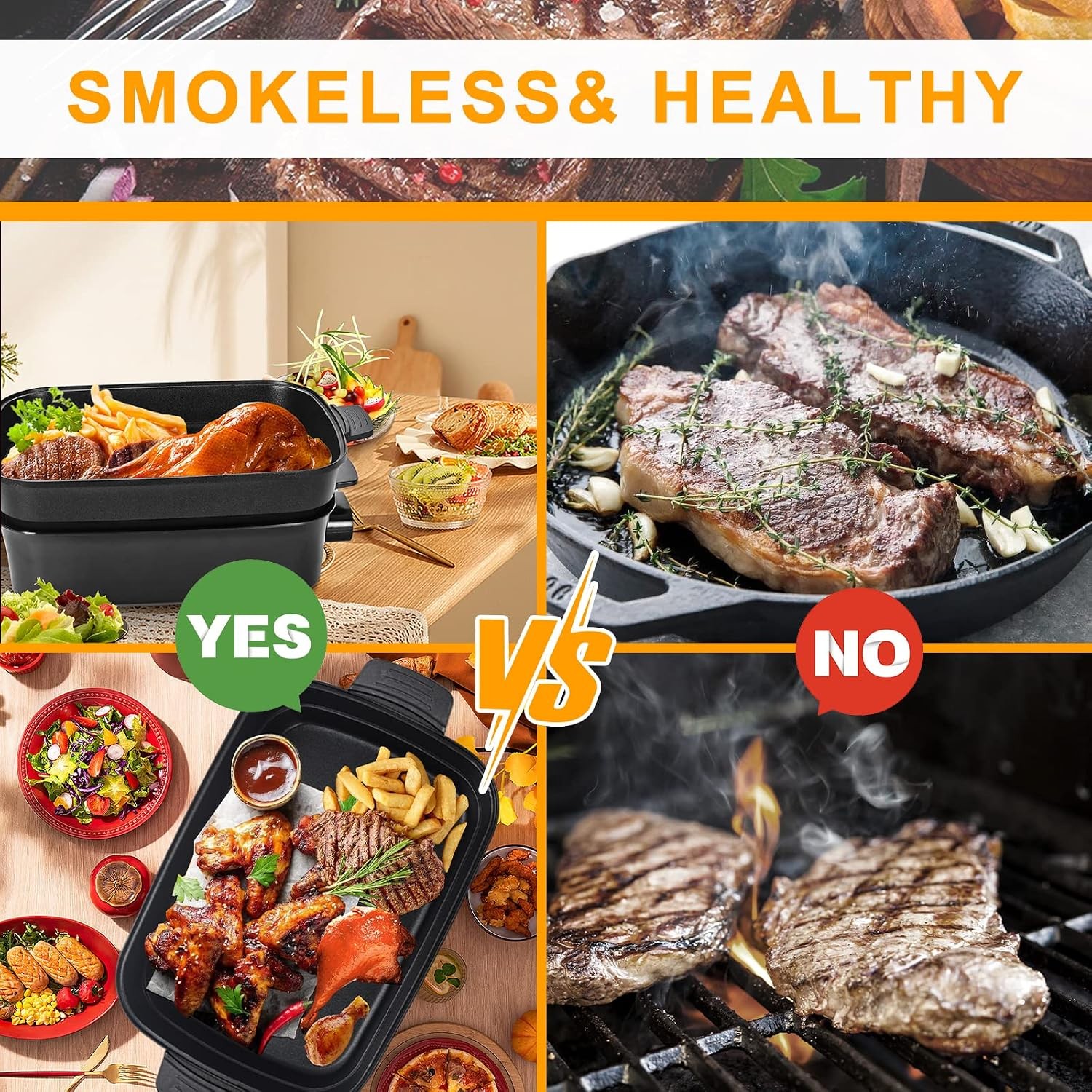 3-in-1 Multifunctional Electric Grill,Electric Skillet Nonstick with Lids 1400W