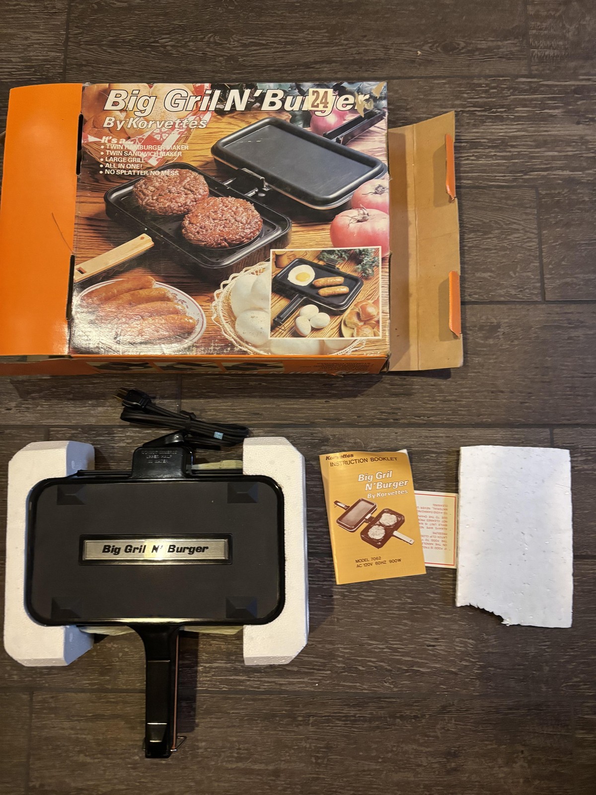 Vintage Korvettes Big Gril N’ Burger Electric Indoor Grill 7062 Non-Stick 900W