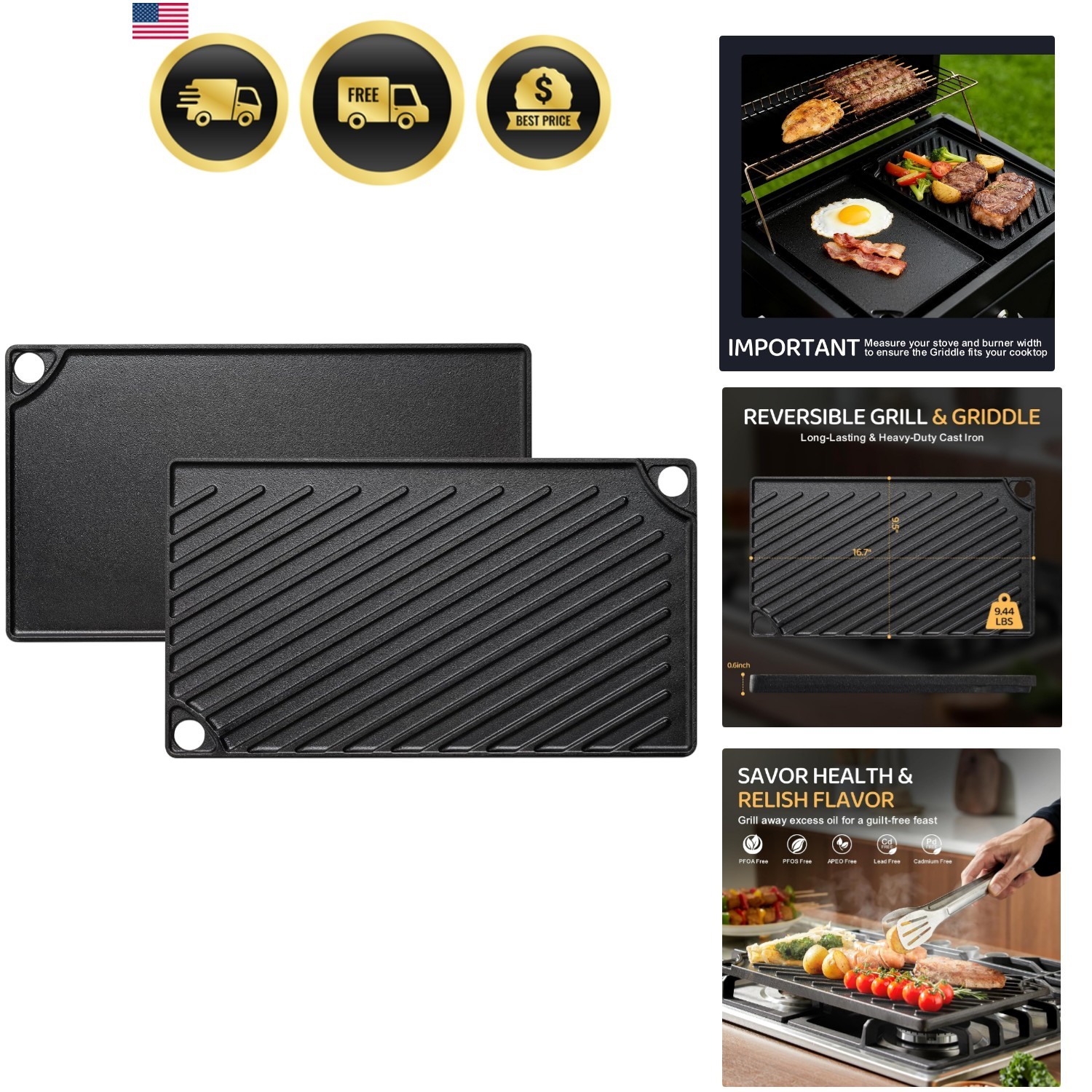 Reversible Grill/Griddle, 16.7×9.5” Pre-Seasoned Cast Iron Griddle Pan, Doub…
