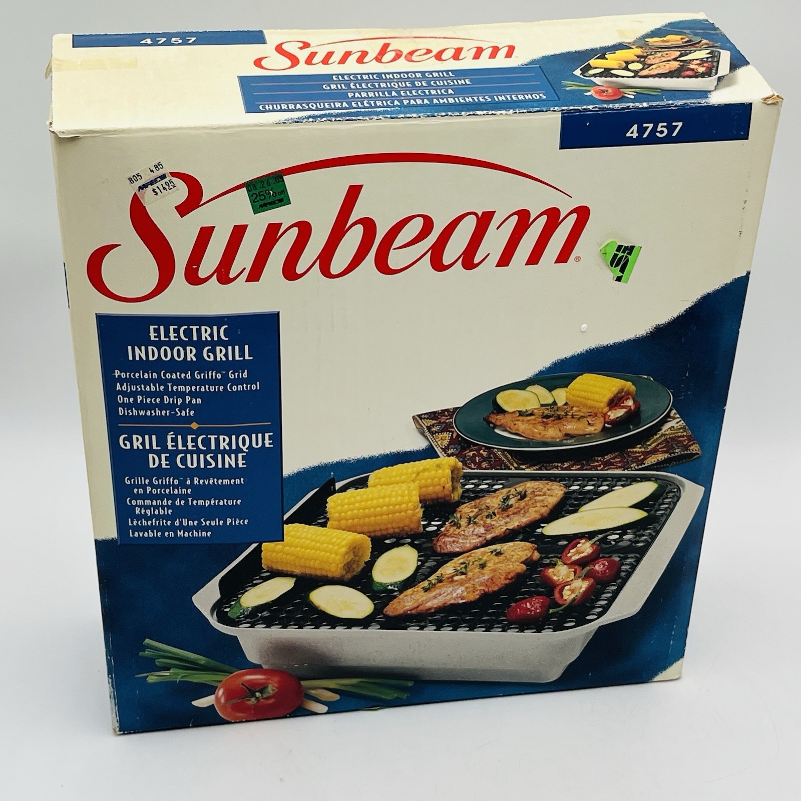 Sunbeam 4757 Electric Indoor Grill 800W Porcelain Griffo Grid Vintage w/ Box