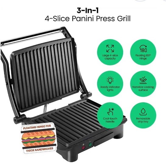 Chefman 3-in-1 Panini Press & Grill,4-Slice Non-Stick,Opens Flat-Stainless Steel