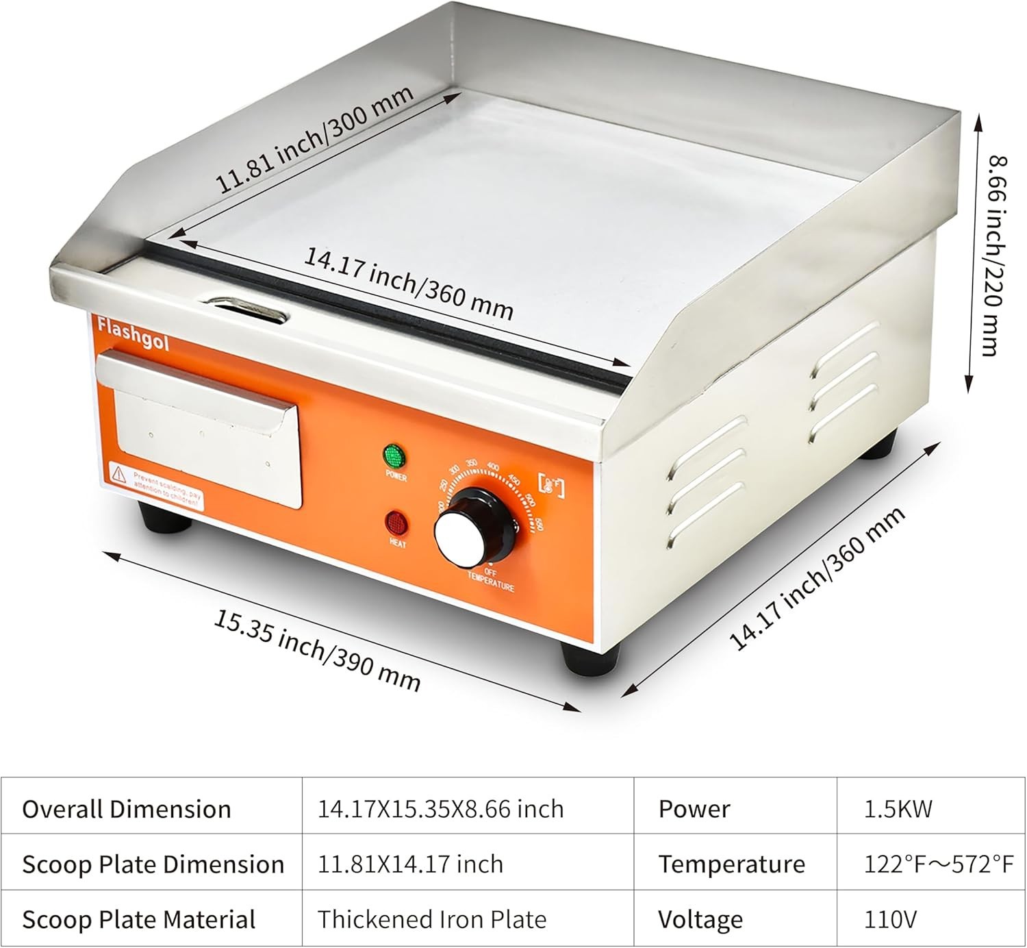 15.3″ Electric Griddle Nonstick Stainless Steel Adjustable Temperature NEW