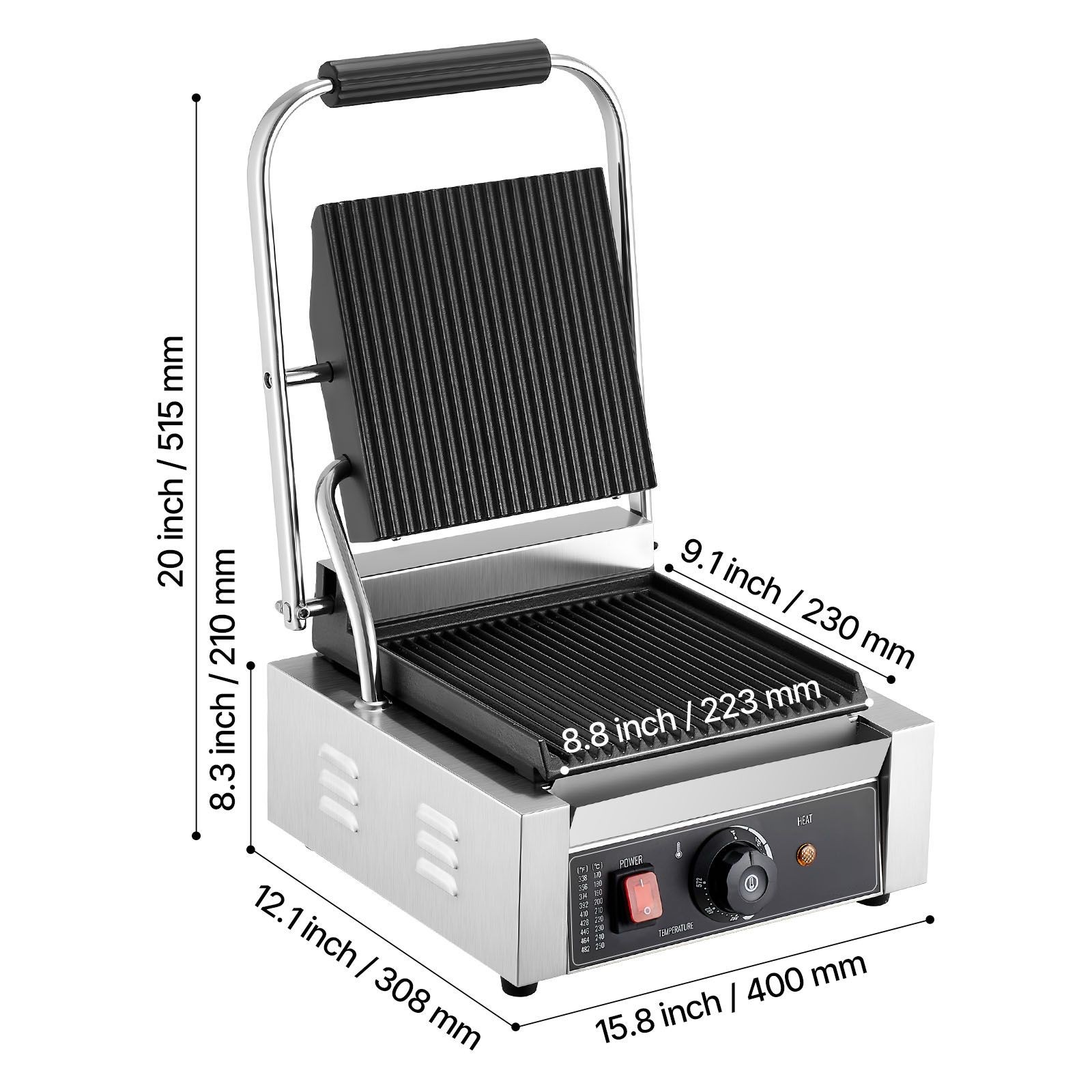 Electric Panini Grill, 1800W Sandwich Maker with Temp Control, Grooved Enamel