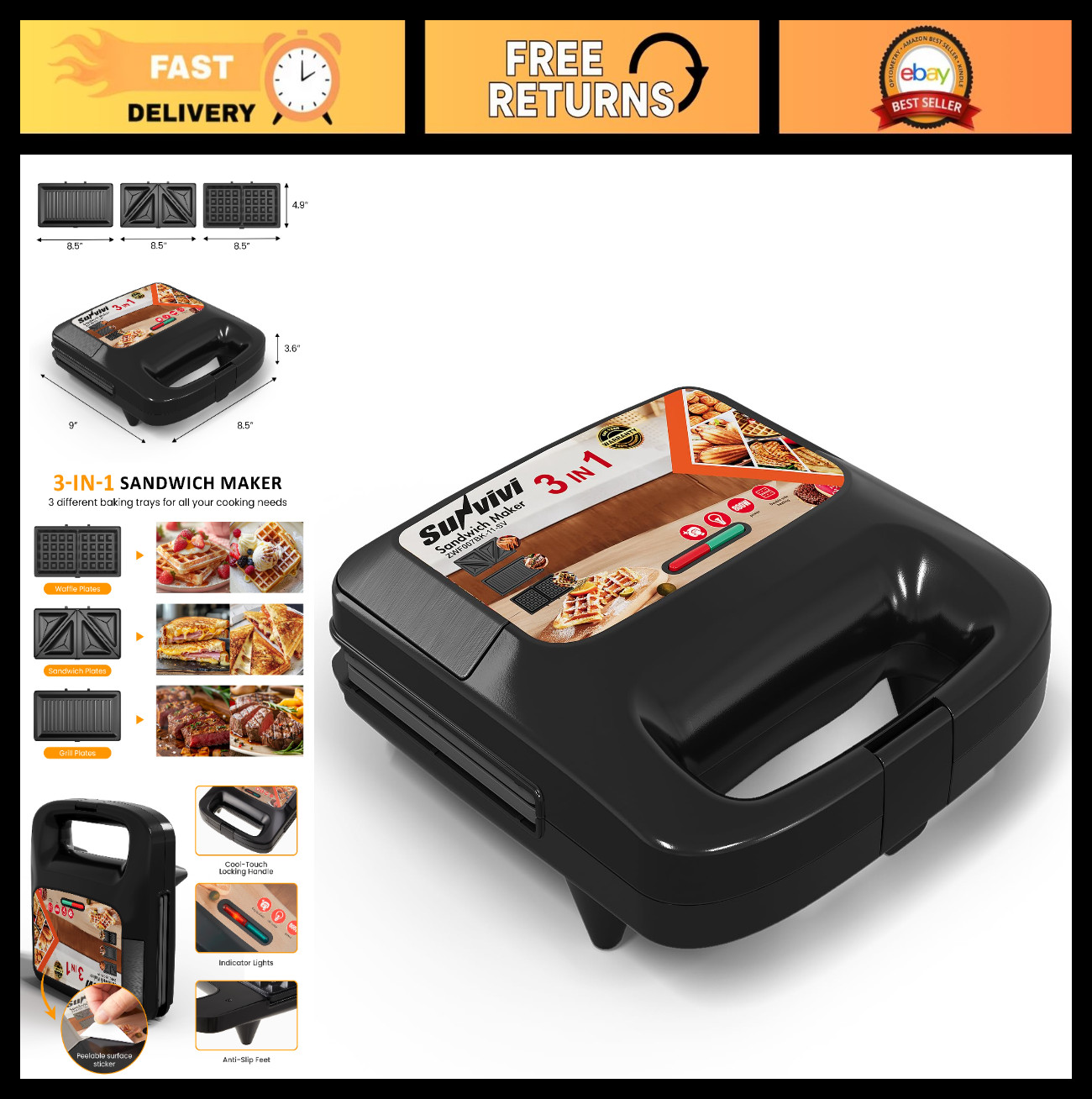 3-in-1 Electric Sandwich Maker – Nonstick Plates, 800W, Waffle/Panini/Grill, Eas