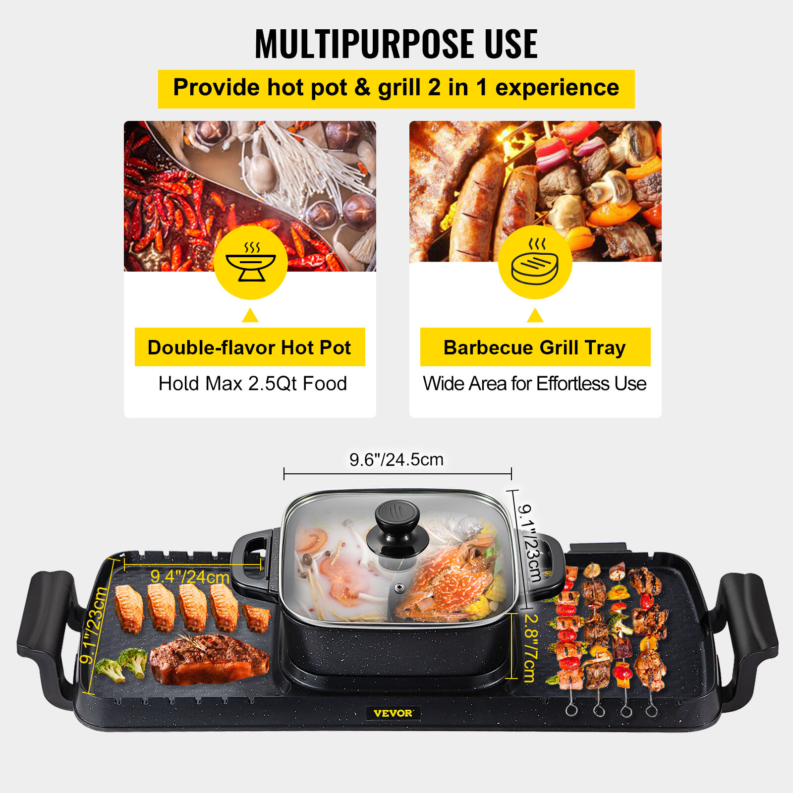 VEVOR Electric 2In1 Hot Pot BBQ Grill Hot Pot Oven Smokeless BBQ Pan DIY 2400W