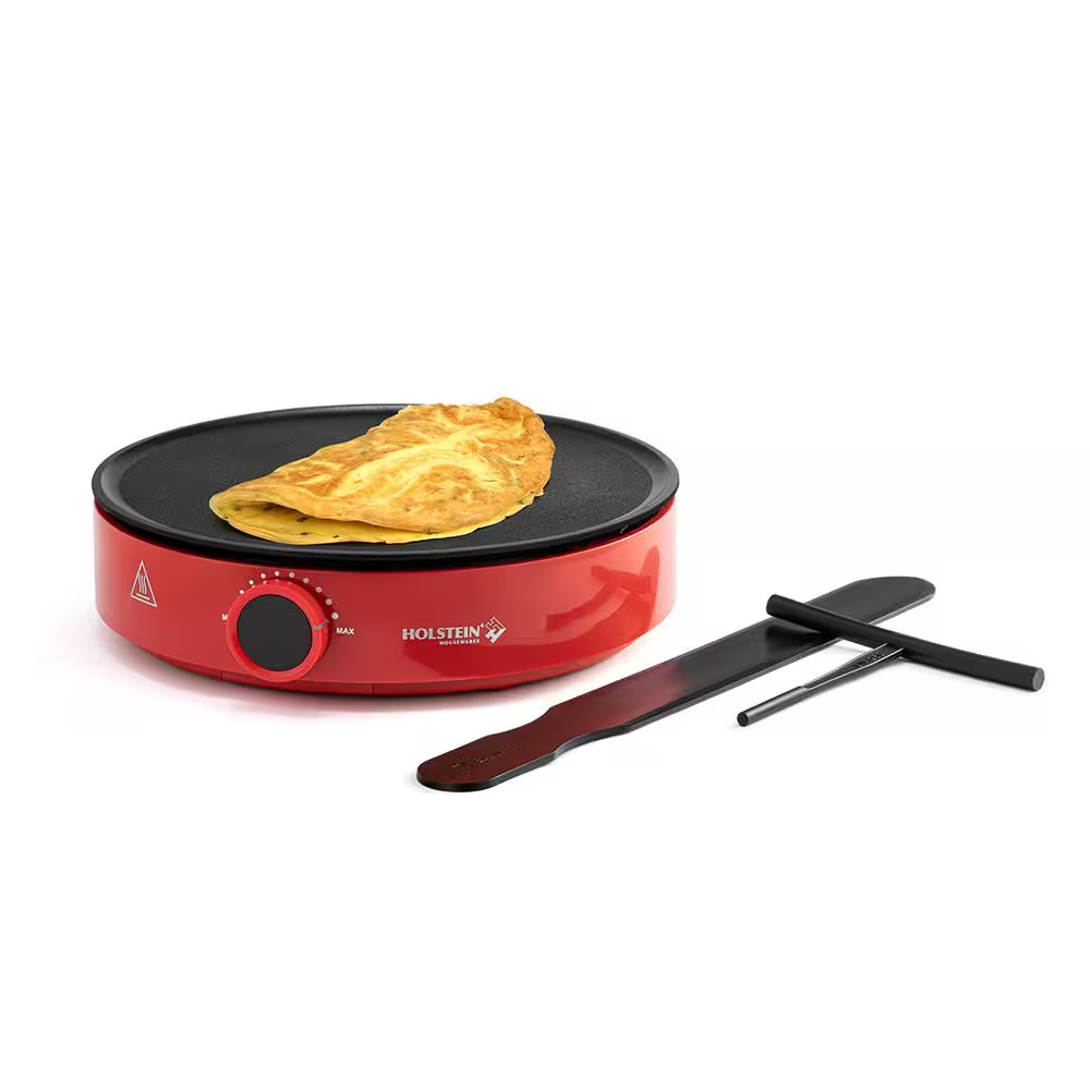 12 In. Non-Stick Smokeless Electric Griddle Crepe Maker, Red