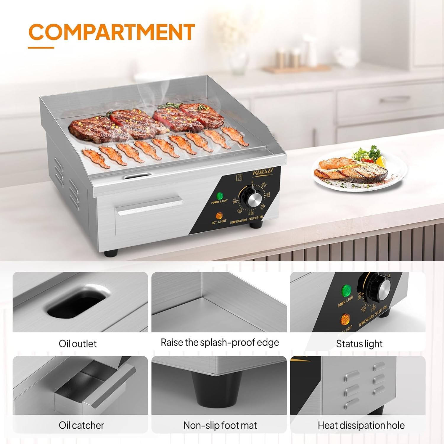 110V 1500W 14″ Commercial Electric Countertop Griddle Flat Top Restaurant Grill