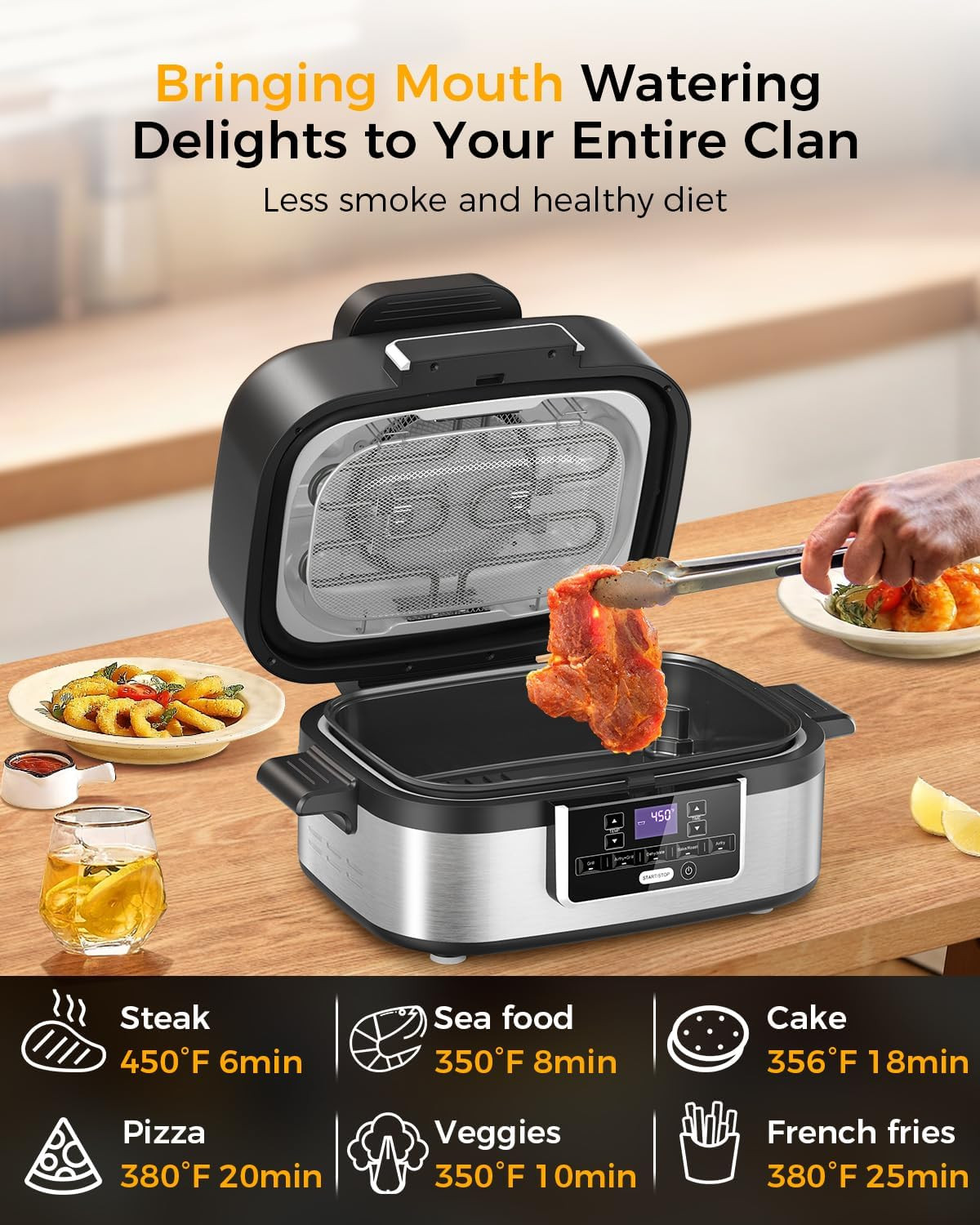 Indoor Grill with Air Fry, 5-IN-1 Electric Smart Air Fryer Grill Combo, Stainles