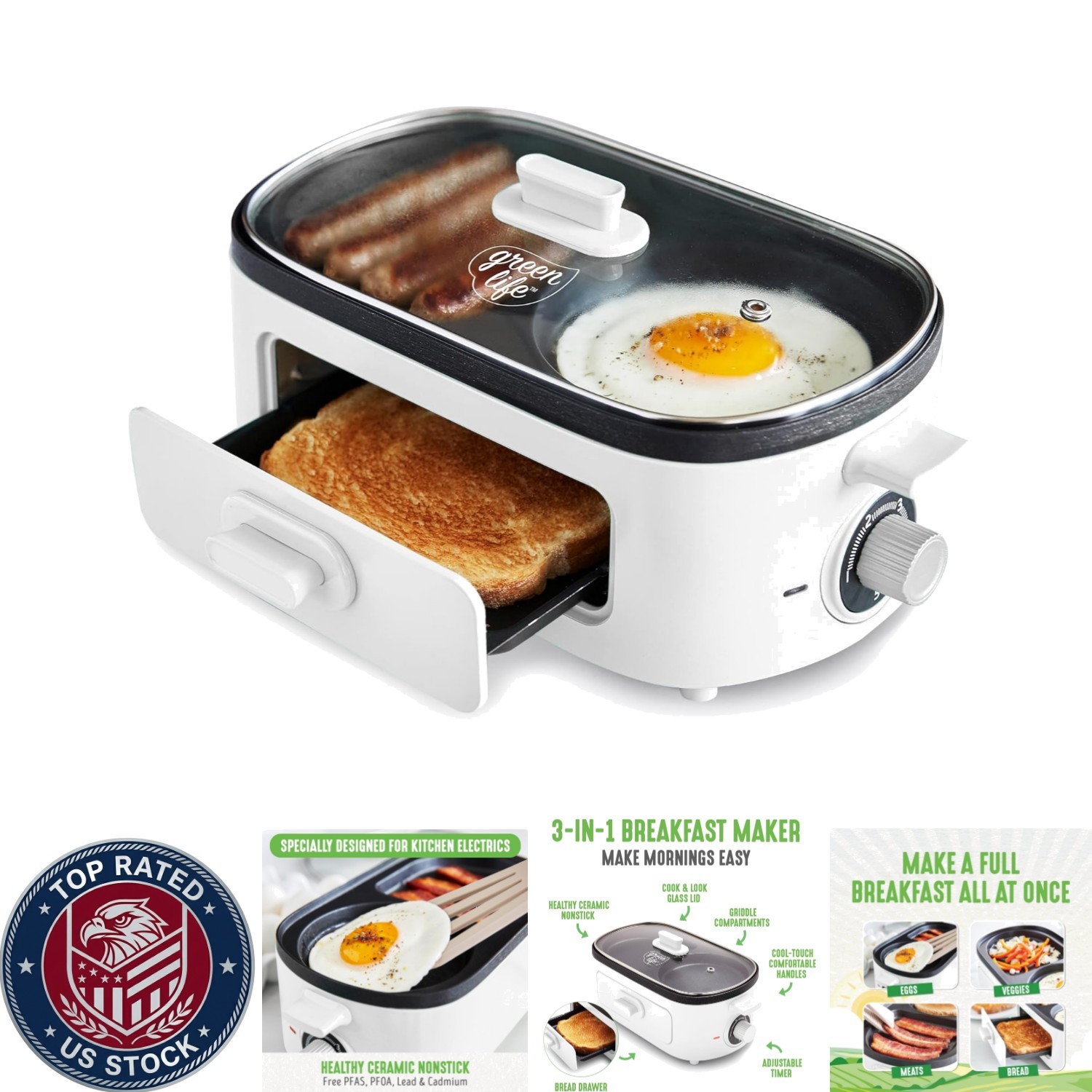 3-in-1 Breakfast Maker Ceramic Nonstick Griddle Toast Drawer Timed Cooking White