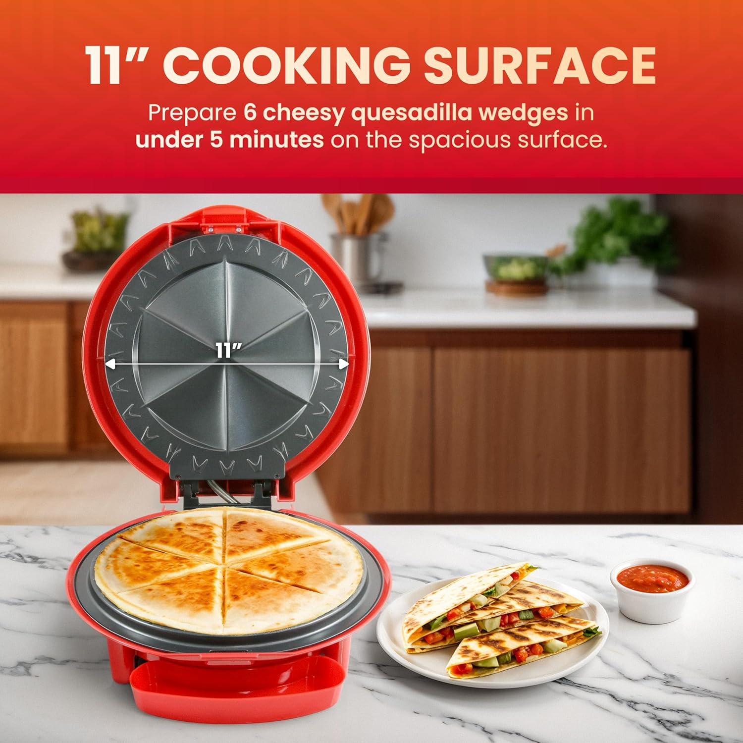 EQD-118 Electric Non-Stick 11″ Quesadilla Maker, Easy-Slice 6-Wedge, Grilled Che