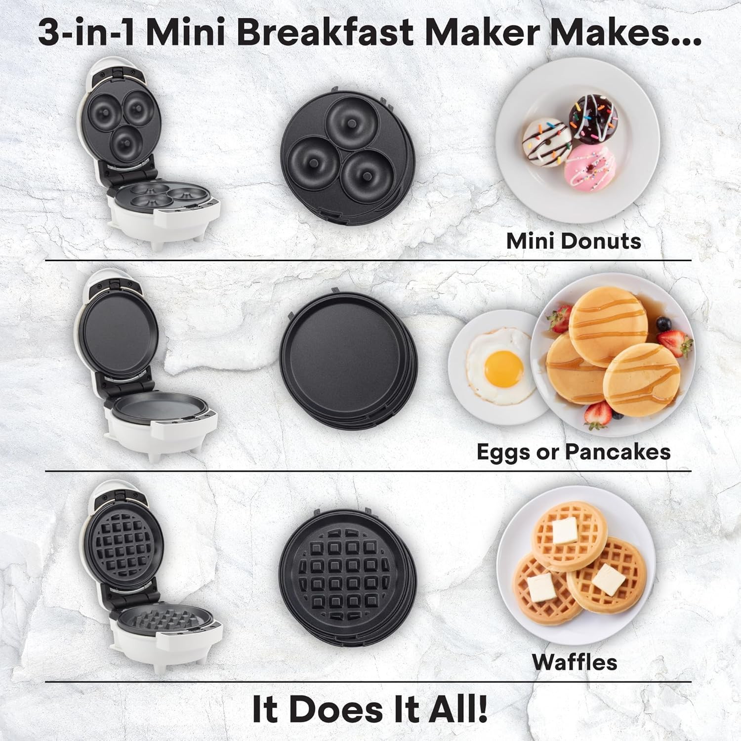 MasterChef 3 in 1 Mini Breakfast Maker Make Eggs, Pancakes, Donuts, Waffles &