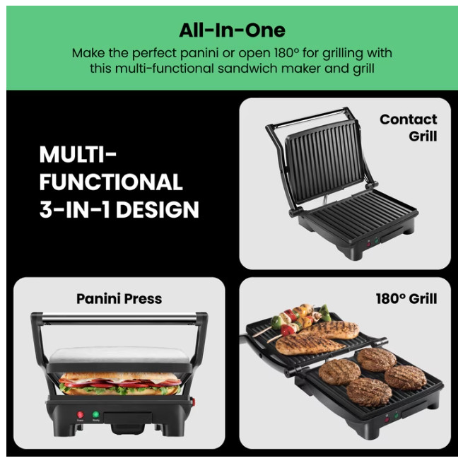 Chefman 3-in-1 Panini Press Grill 4-Slice Nonstick Opens Flat Stainless Steel
