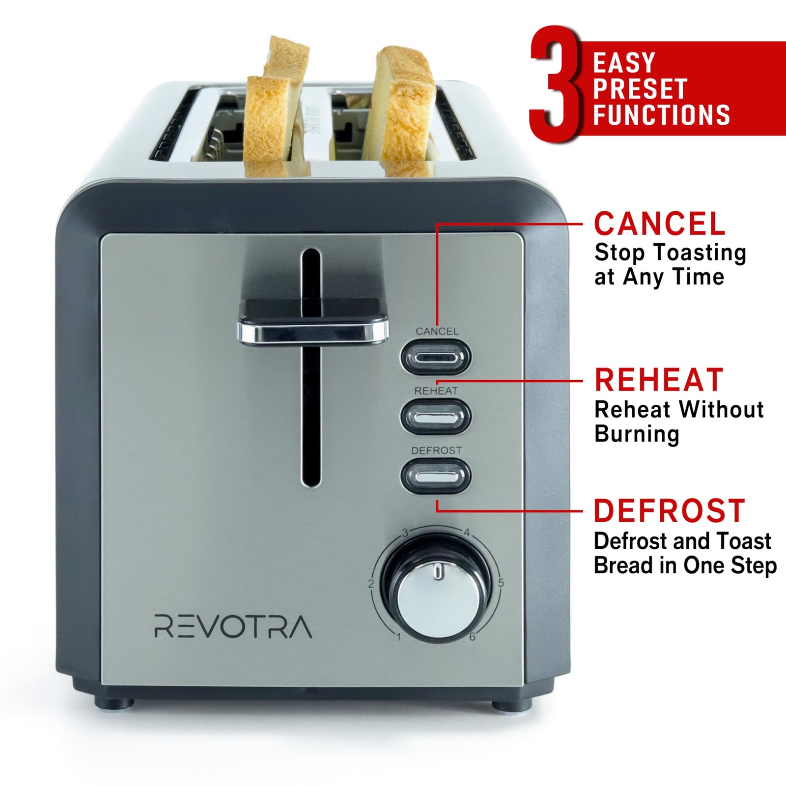 4 Slice Long Slot Stainless Steel Toaster with large, 4 pieces regular style