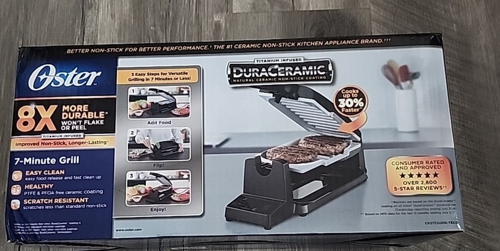 Oster CKSTCG20K-ECO Vertical Flip Indoor Grill 7-Minute Grill Black Camp Apt NEW