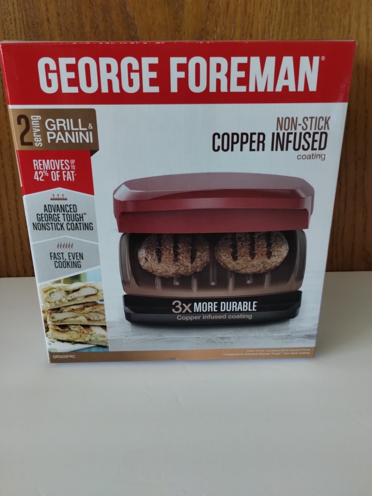 George Foreman Grill & Panini Model GR320FRC Non-Stick Copper Coating, 2 Serving
