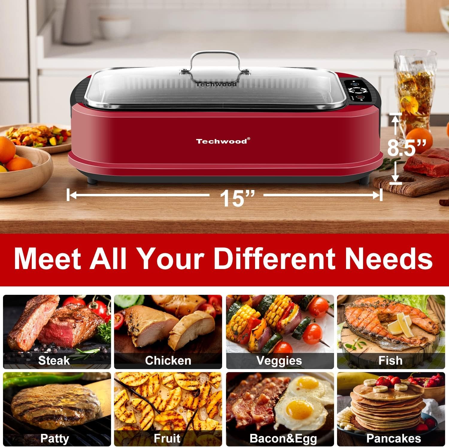 Indoor Smokeless Grill, 500W Electric Indoor Grill with Tempered Glass Lid