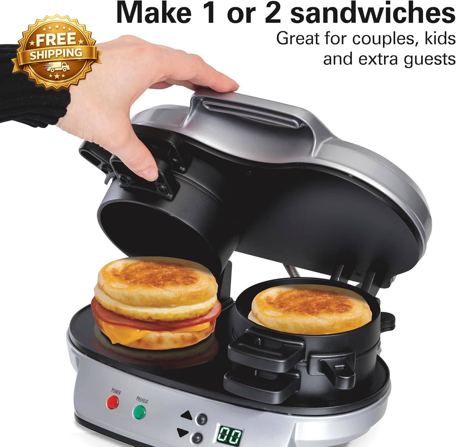 Dual Breakfast Sandwich Maker with Egg Cooker Rings Timer Perfect