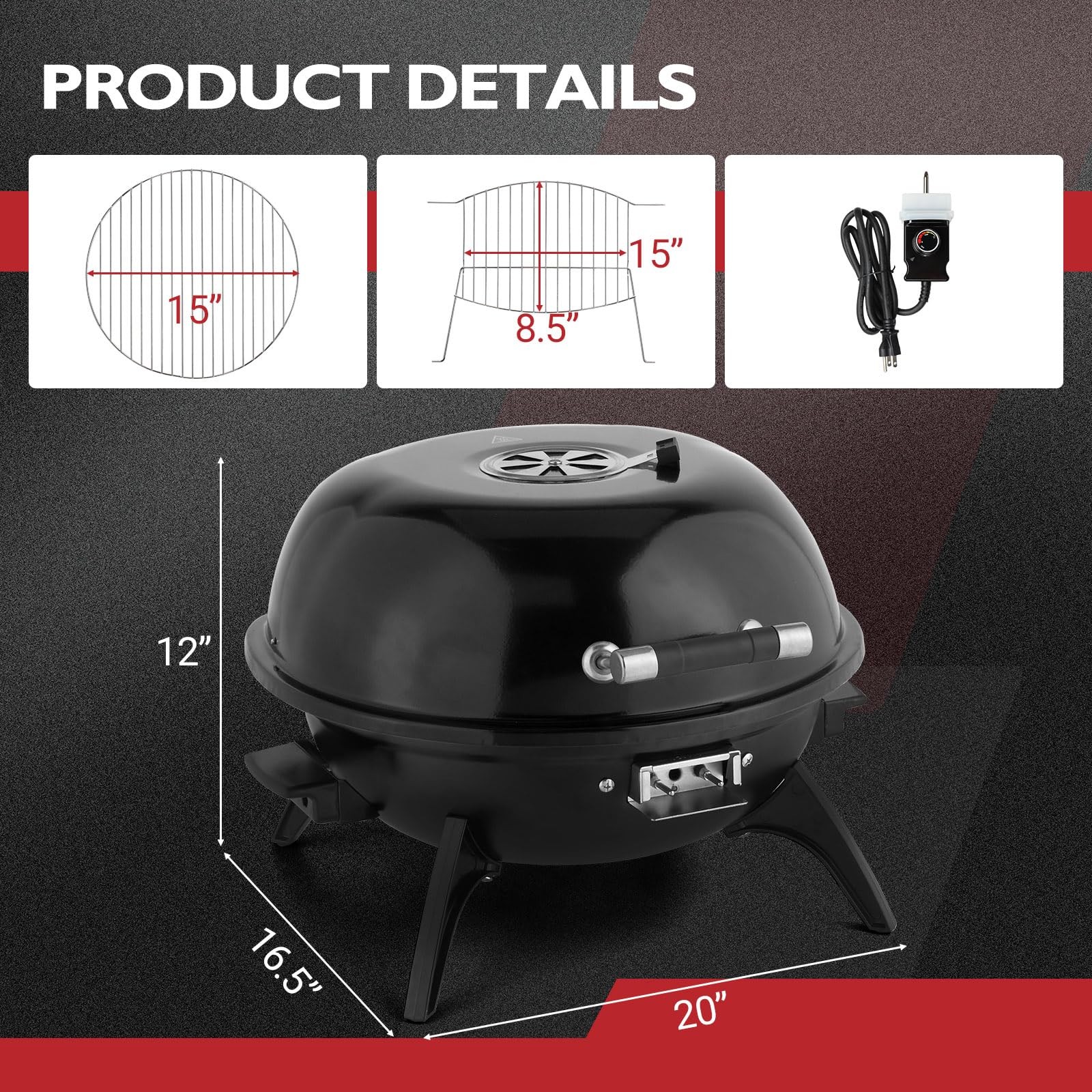 1600W Vertical Electric Grill w/Lid,Red 304 Stainless Steel Grill,Black Tabletop
