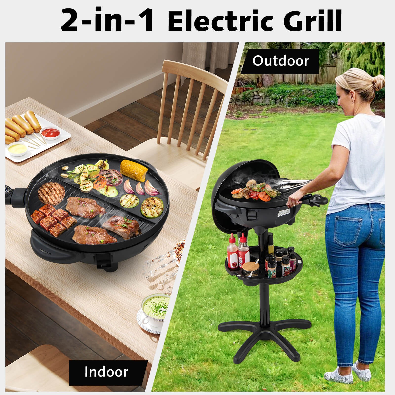 Indoor Outdoor Electric Grill w/ Non-stick Grill Plate Temperature Control