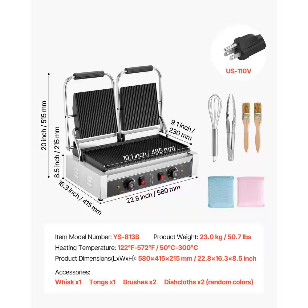 3,600 W Commercial Panini Grill, Electric Sandwich Maker, Stainless Steel Double