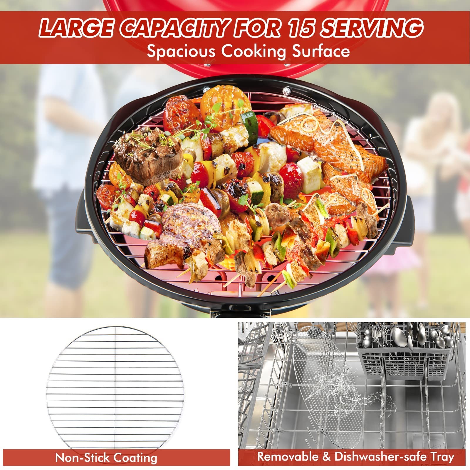 1600W Electric Grill Portable BBQ – Non-Stick Grate, Adjustable Heat, Removable