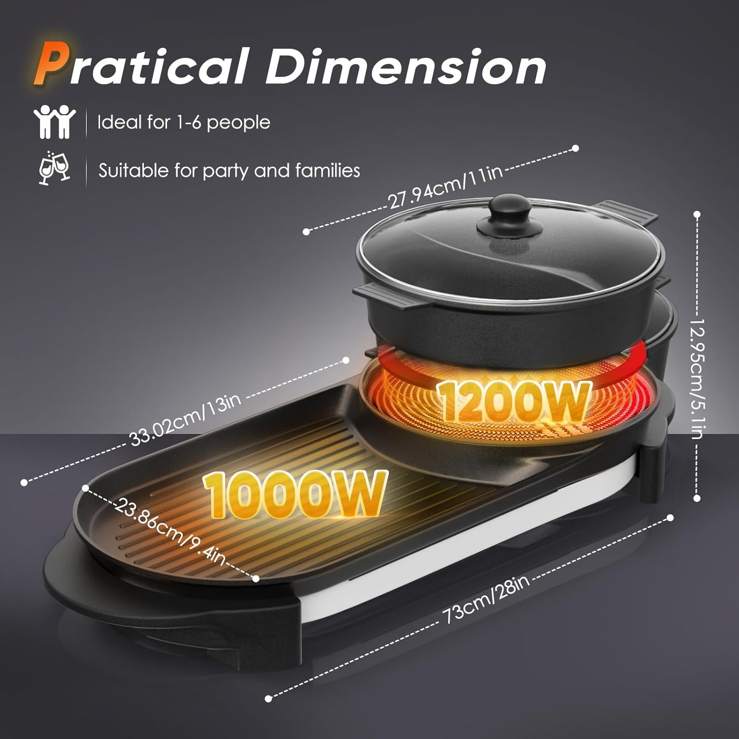 2-in-1 Electric Smokeless Hot Pot & Grill, 2200W for Indoor BBQ & Shabu