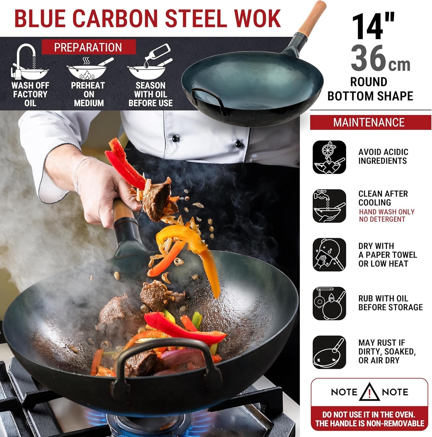 YOSUKATA 13.5 in Blue Carbon Steel Wok Pan, Pre-Seasoned Flat Bottom, Ergonomic