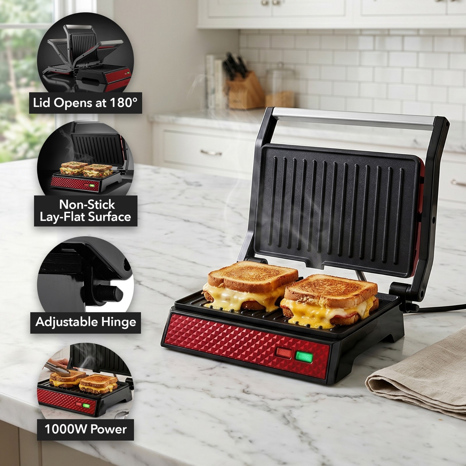 OVENTE Electric Indoor Panini Press Grill + Sandwich Maker, Red GP0620R | Opens