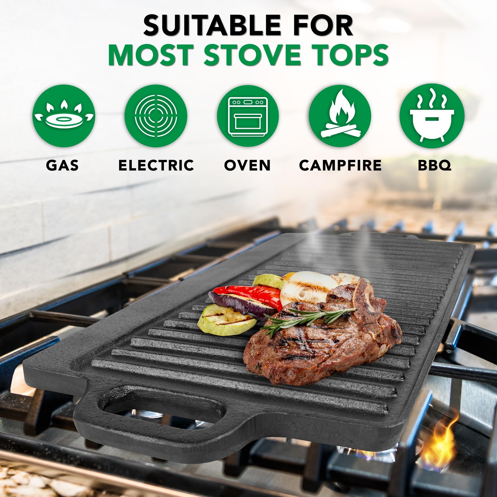 ProSource 2-in-1 Reversible 19.5″ x 9″ Cast Iron Griddle Preseasoned Non-Stick