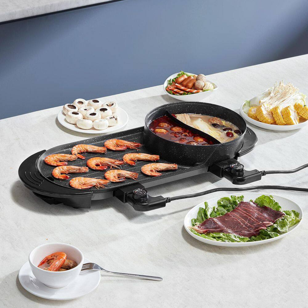 2200W 2-In-1 Electric Hot Pot and Grill 153 Sq. In.Smokeless Korean BBQ Dual Tem