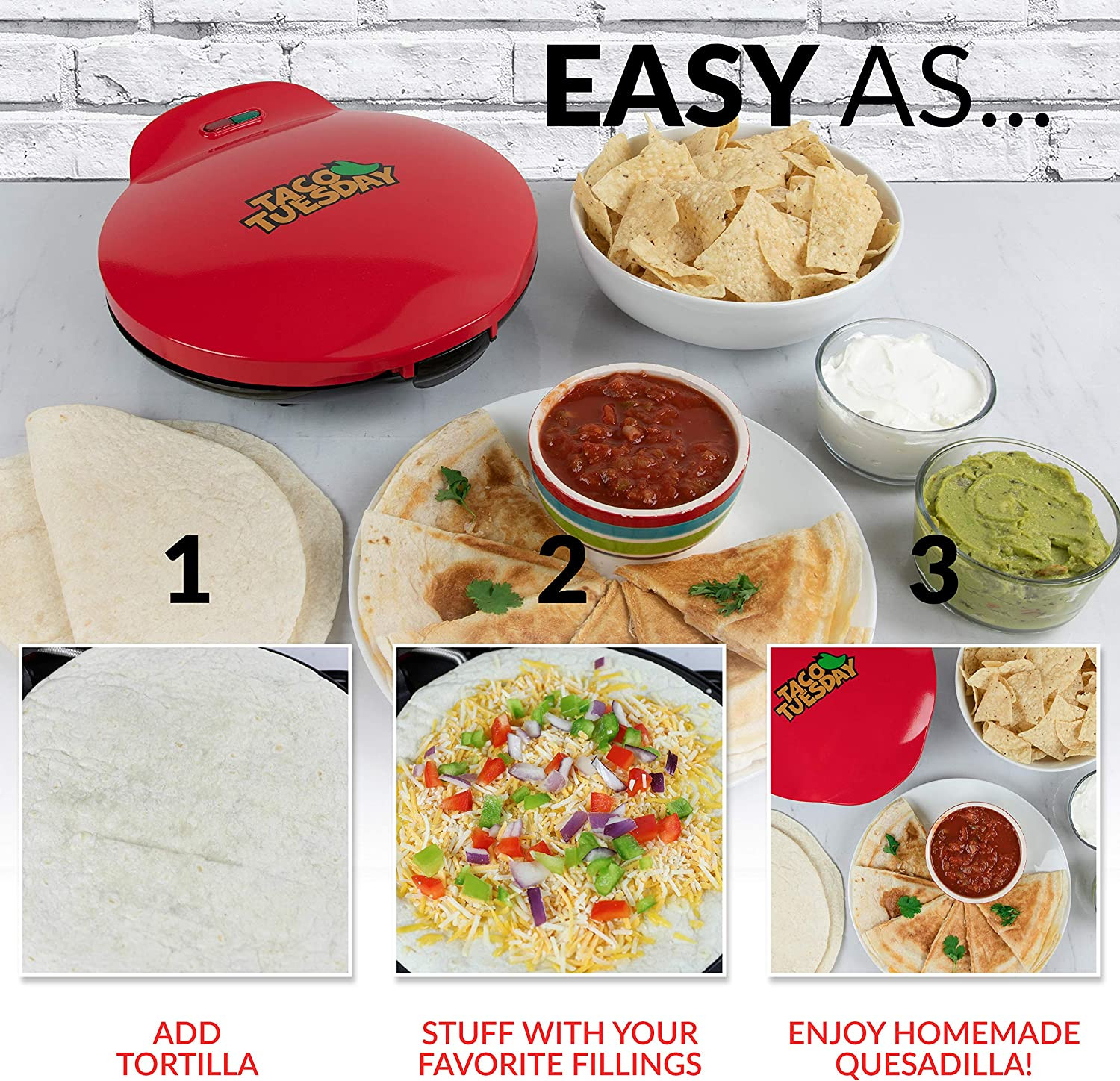Taco Tuesday Deluxe 10″ 6-Wedge Electric Quesadilla Maker w/Extra Stuffing Latch