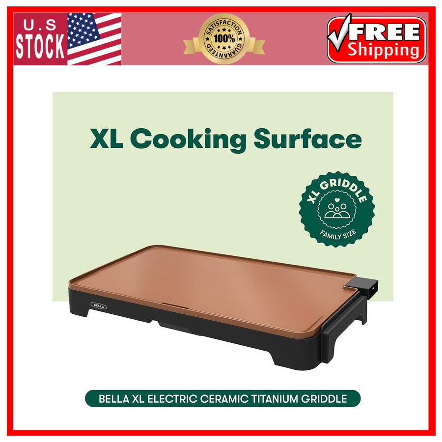 Bella XL Electric Ceramic Titanium Griddle, Make 15 Eggs at Once, Healthy-Eco No