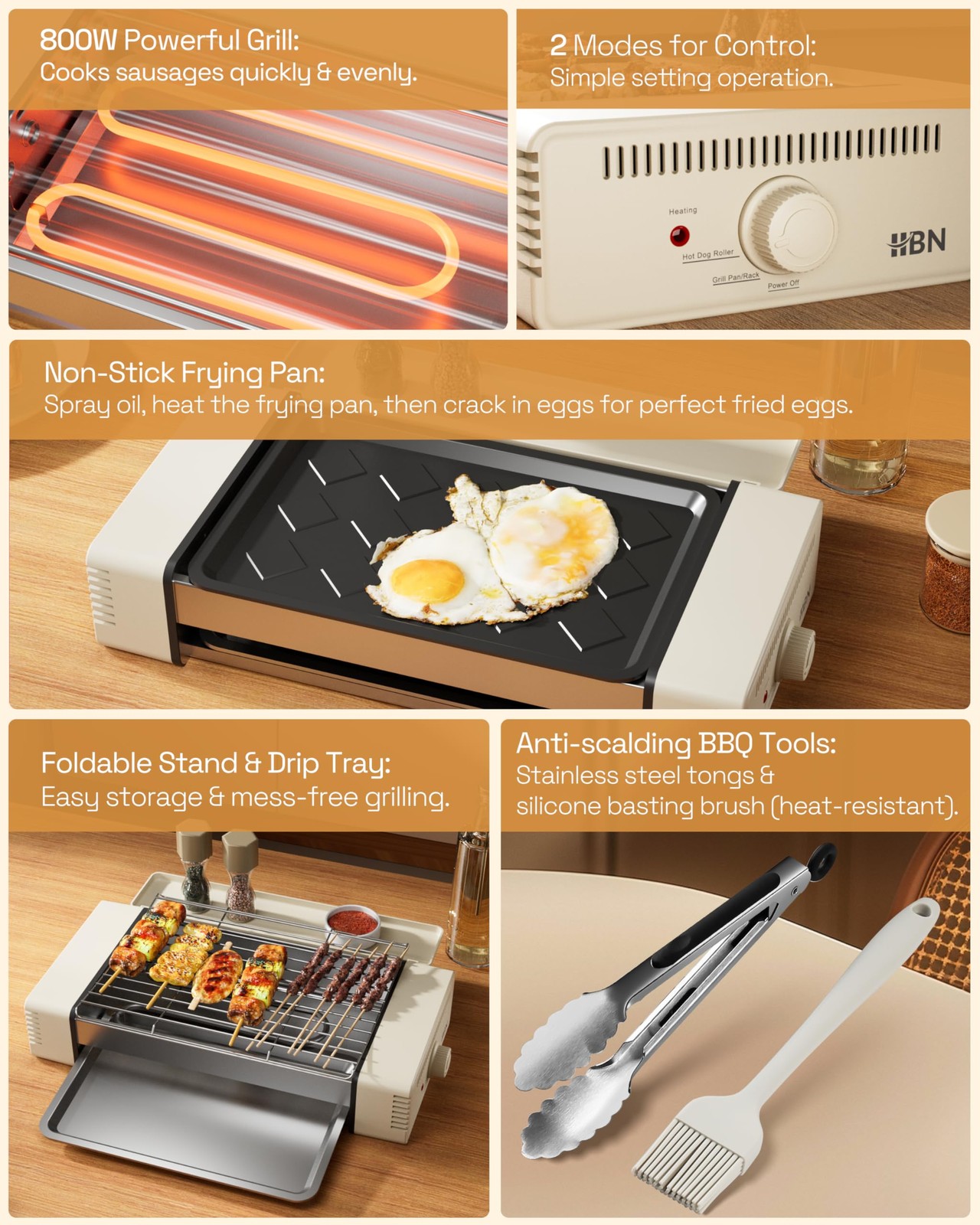 3-in-1 Hot Dog Roller Grill Machine with Nonstick Plate & Grill Rack, 800W Co…