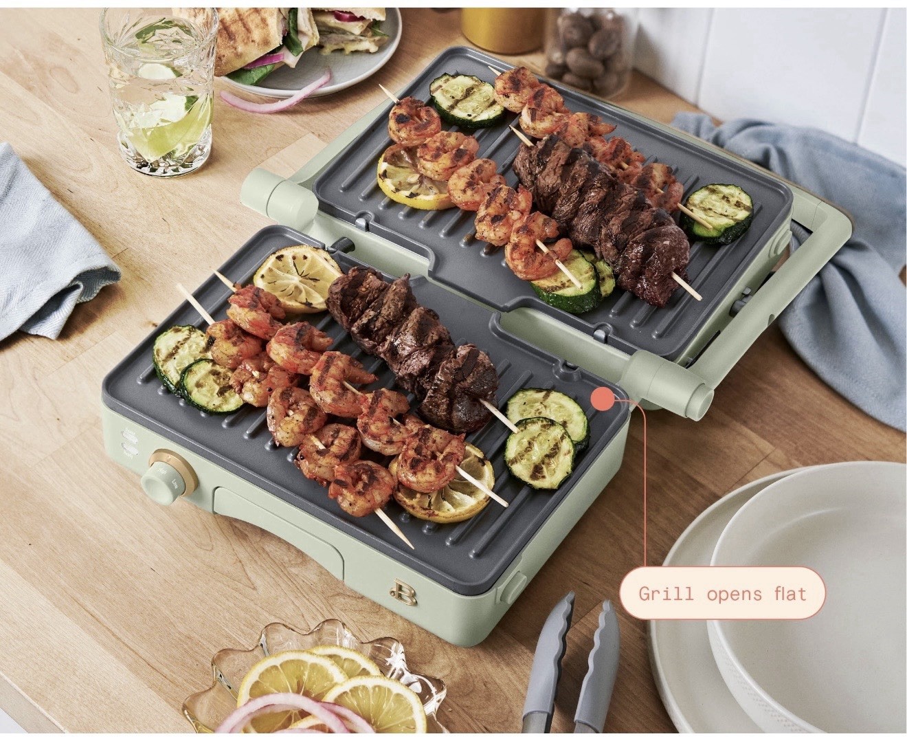 Drew Barrymore 2-in-1 Panini Press & Grill w/ Detachable Plates – Sage Green