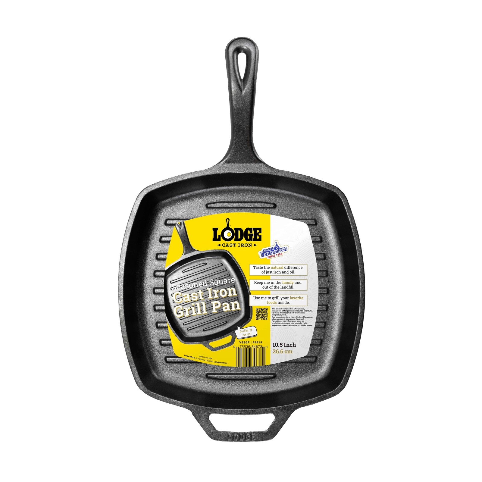 Lodge 10.25 Inch Square Seasoned Cast Iron Grill Pan, Dual Handles, Nonstick