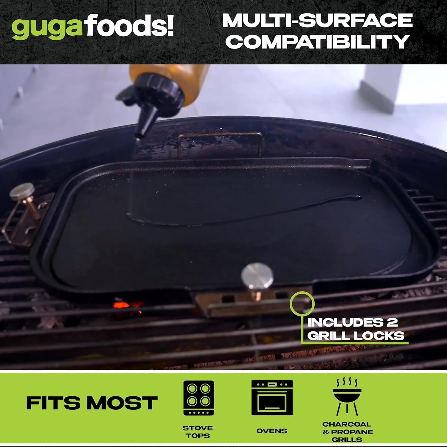 Guga Foods Ultimate Griddle Kit, Cast Iron Griddle with Detachable Handle,