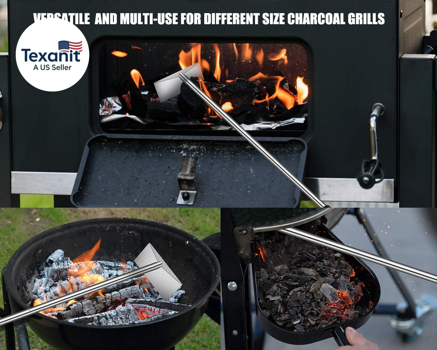 Charcoal Grill Ash Rake Hoe for Fireplace Wood Stove Pizza Oven, Stainless Steel