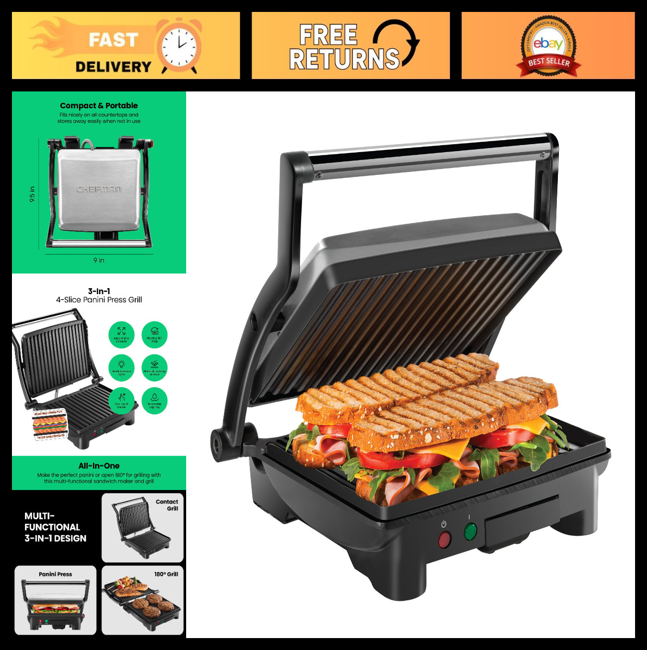Non-Stick Panini Press Grill & Sandwich Maker, 180° Opens, 4 Slice, Stainless St
