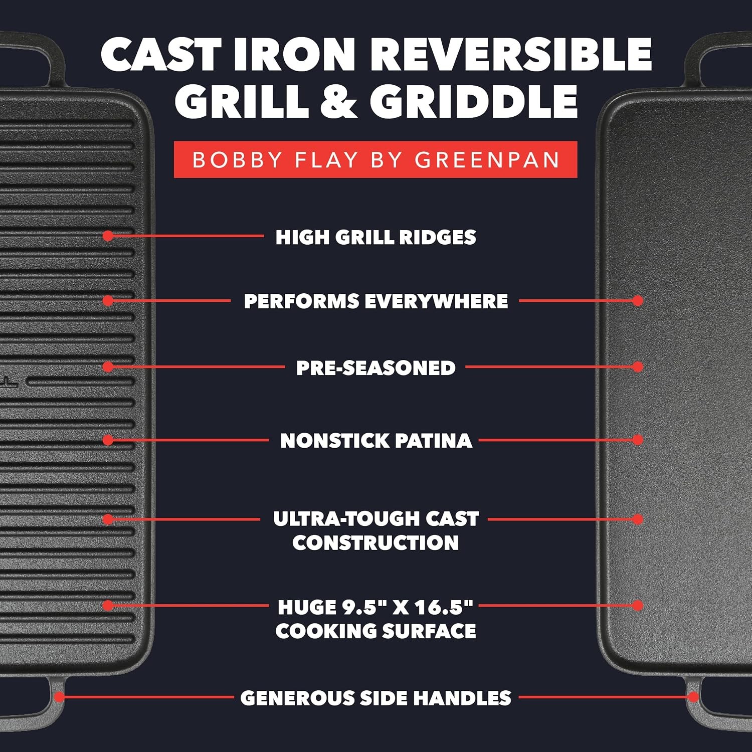 x Bobby Flay 16.5 x 9.5 Cast Iron Reversible Double Burner Griddle | Natural