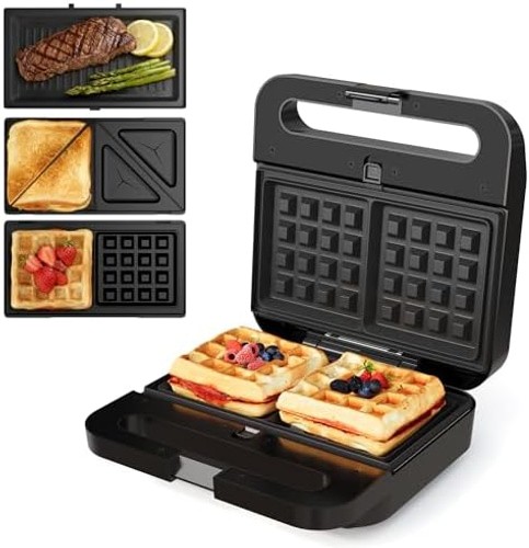 3 in 1 Electric Sandwich Maker with Removable Nonstick Plates – 1000W,Black |…