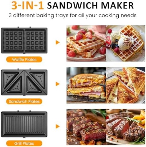 3 in 1 Electric Sandwich Maker with Removable Nonstick Plates – 800W,Black | …