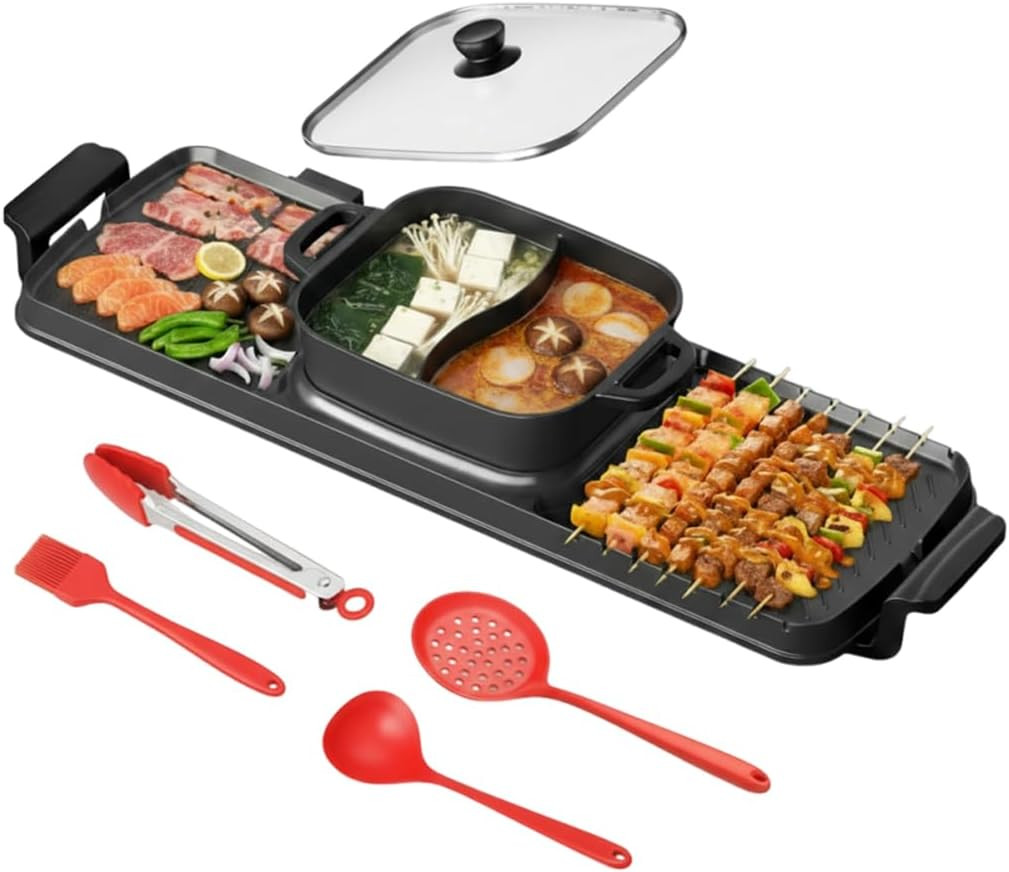2250W Electric Grill and Hot Pot Combo, 29 X 9.5 Inch Smokeless Indoor BBQ Grill