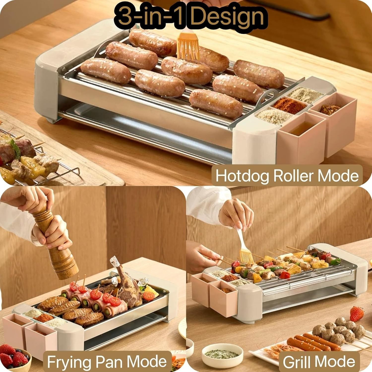 NEW 3-in-1 Electric Hot Dog Roller Grill 6 Rollers Nonstick BBQ Griddle Cooker